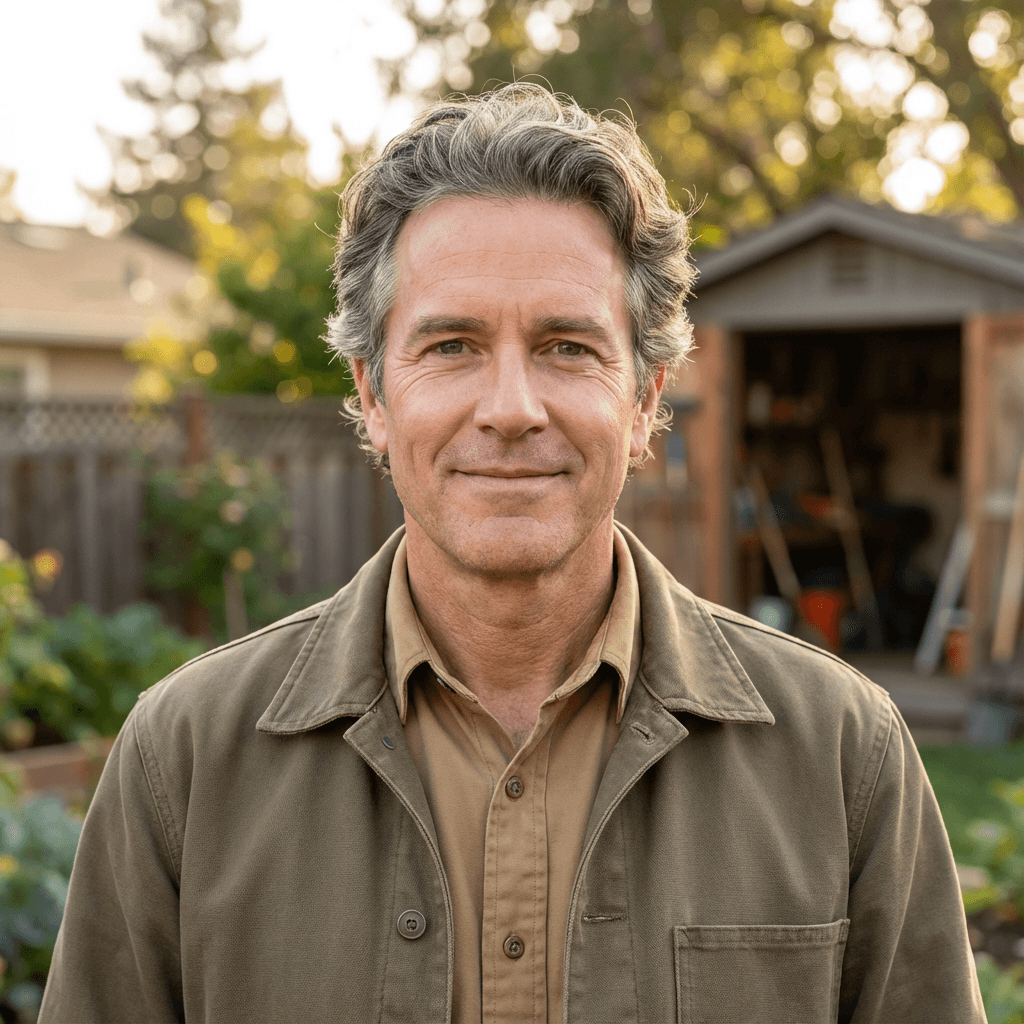 Male homeowner in his mid 50s, White, practical and friendly appearance suitable for residential context