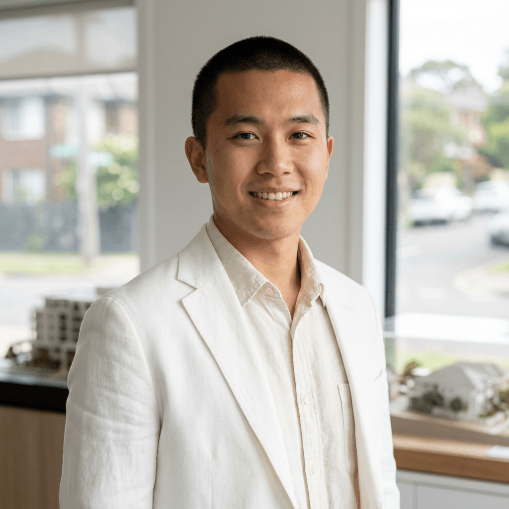 Robert Chen standing inside a modern condo lobby