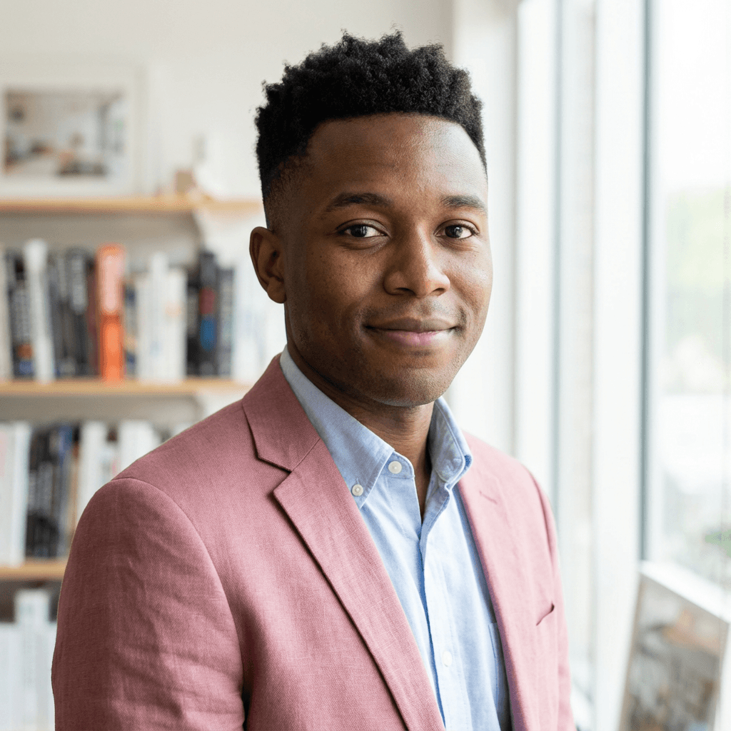 David Okafor standing near an office entrance
