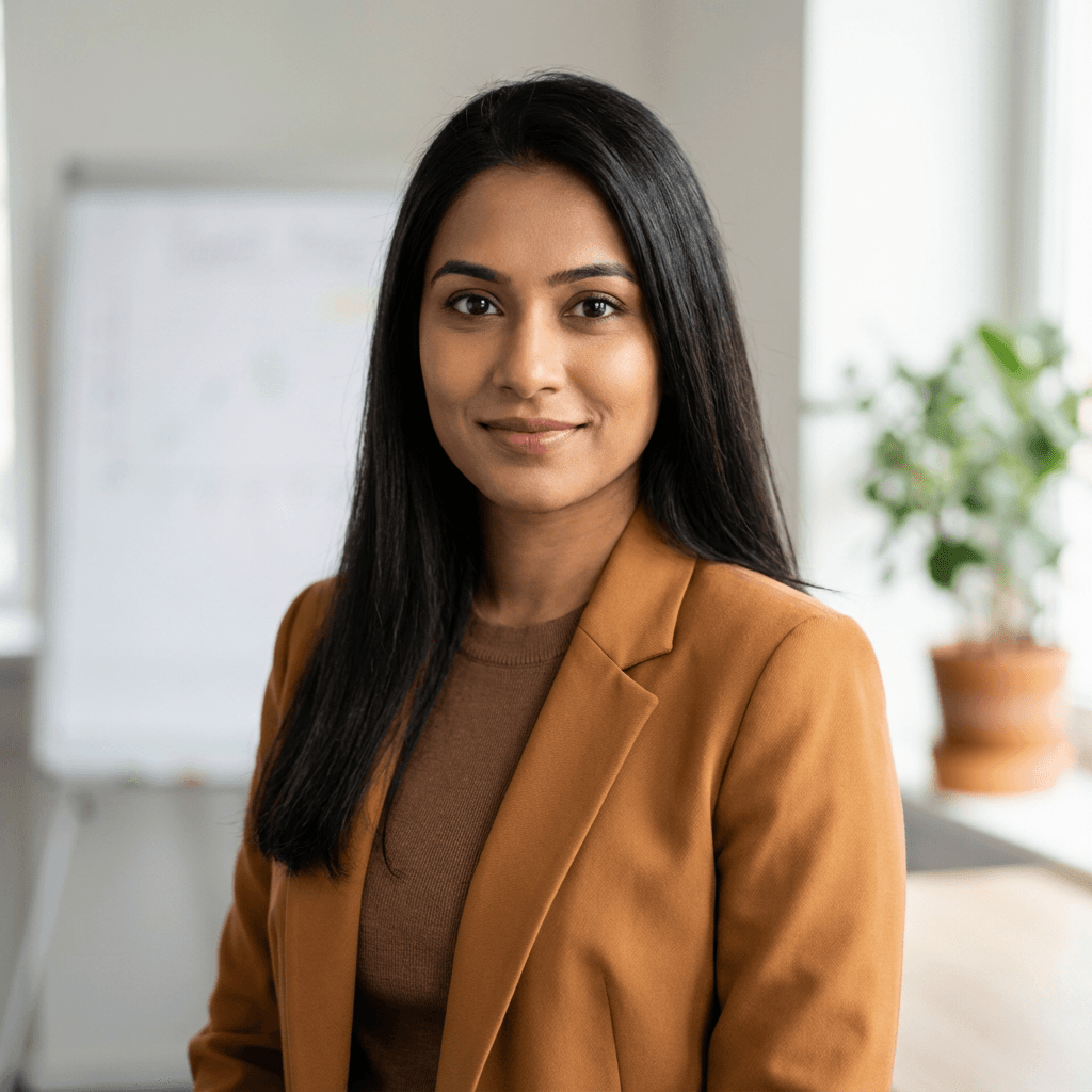 Female office manager in her early 30s, South Asian, professional and organized demeanor suitable for corporate environment