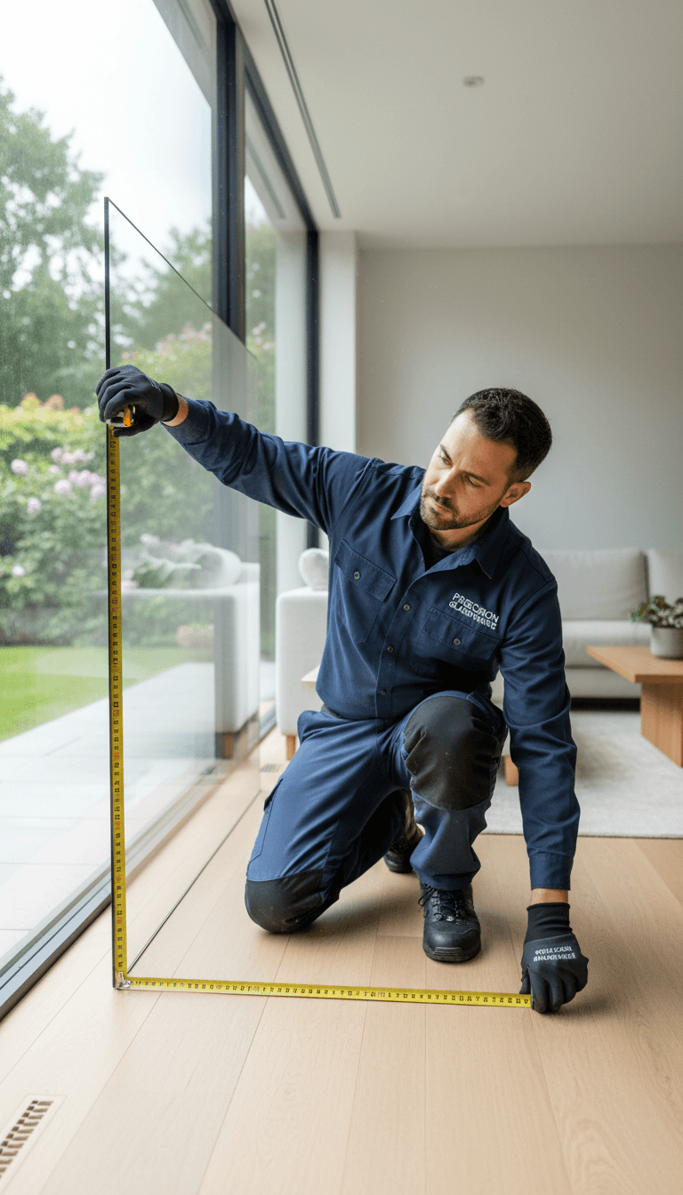 Contractor measuring a glass pane during a free estimate