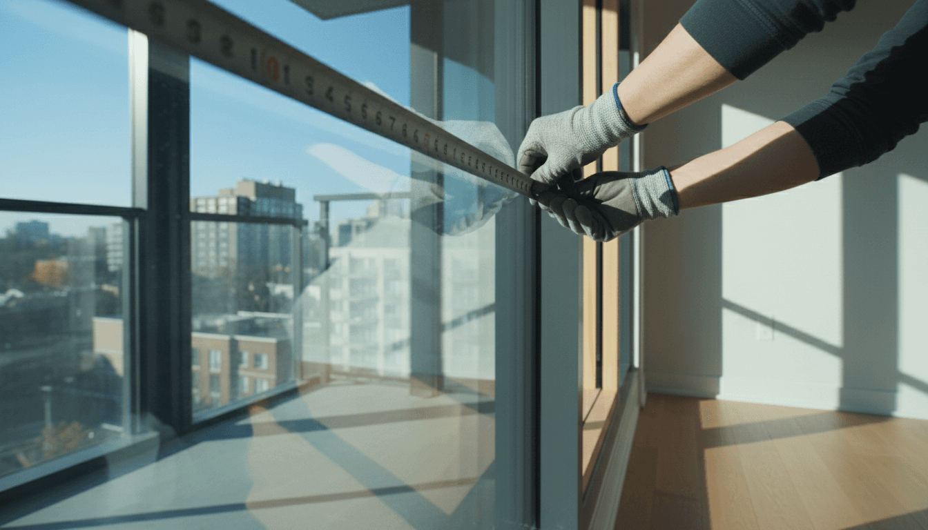 Glazier measuring a new window pane for installation
