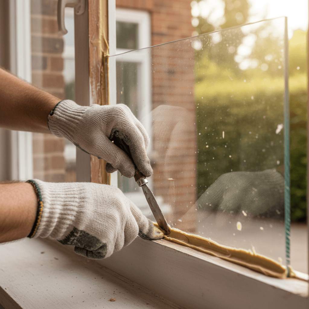 Glazier installing a window pane in Toronto