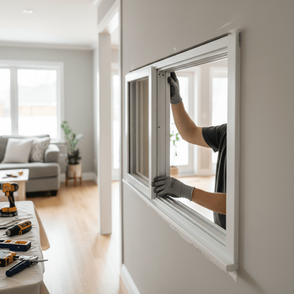 Technician installing a replacement window pane