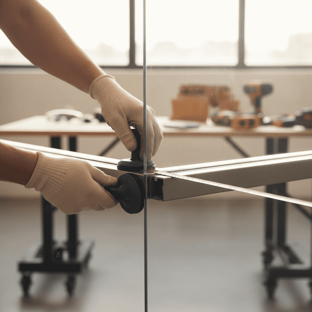 Glass installer fitting a custom window panel in Toronto
